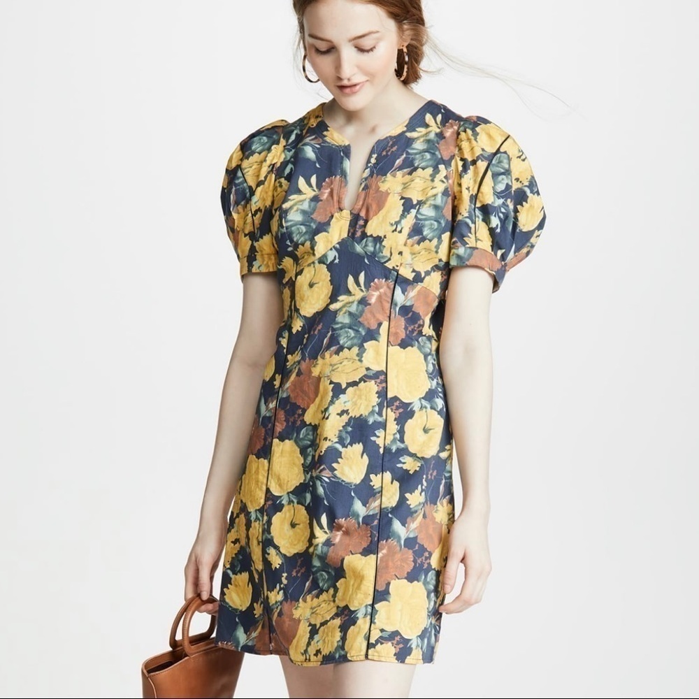 Sea New York Ella Puff Short Sleeve Floral Mini Dress Yellow Green Size 2 Party